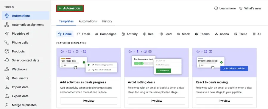 Pipedrive CRM automation dashboard showing “Automations” section with a highlighted “+ Automation” button